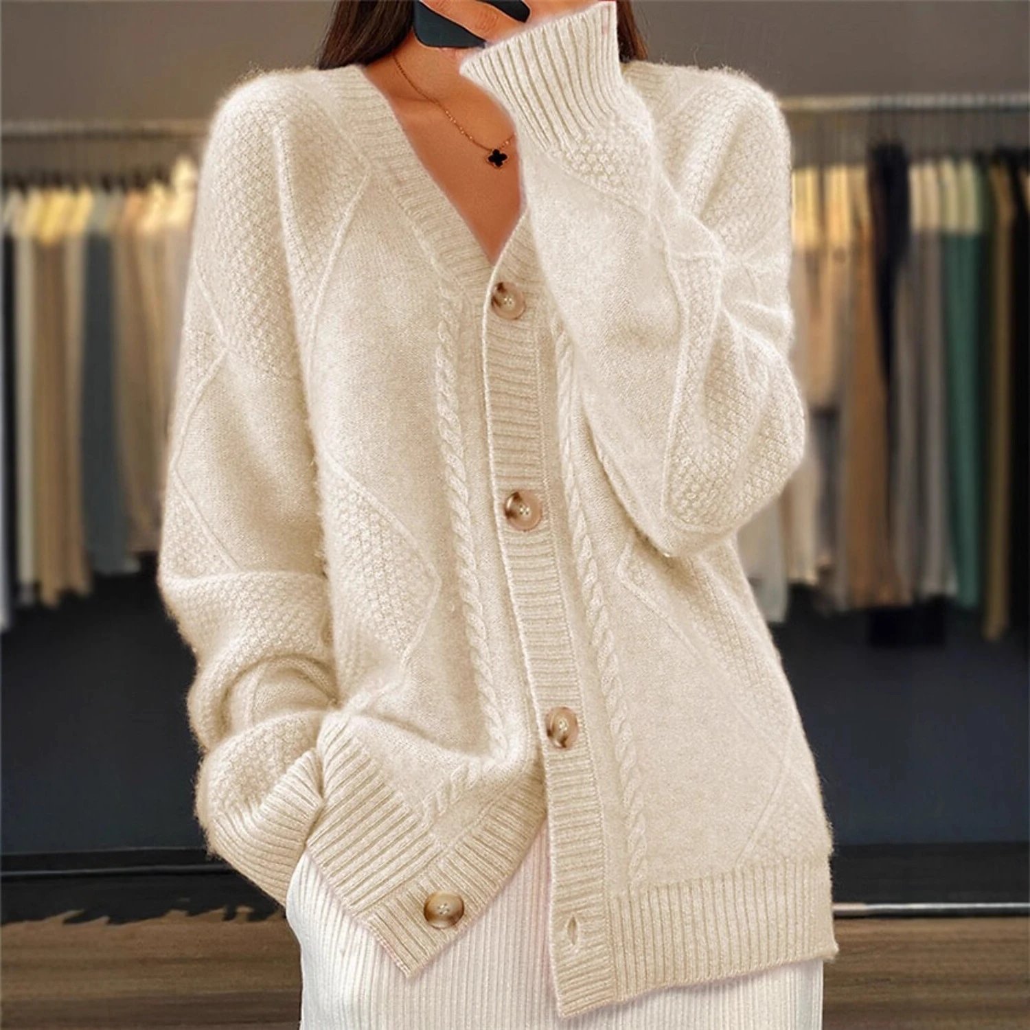 Nox White V-Neck Knit Button Cardigan - 005350