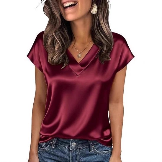 Nox Satin V-Neck Cap Sleeve Blouse - 005365
