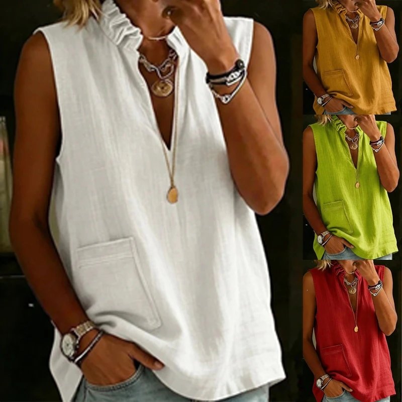 Nox Ruffle Collar Linen Sleeveless Blouse - 005413