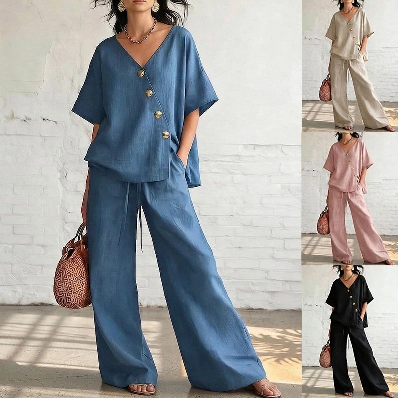 Nox V-Neck Short-Sleeve Drawstring Pants Set - 005409