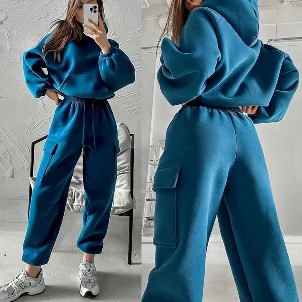 ZANZEA Casual Fleece Hoodie and Cargo Pants Set- 005346