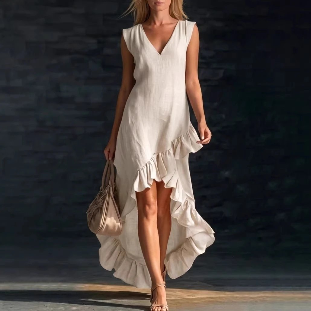 ZANZEA Casual V-Neck Ruffle High-Low Maxi Dress - 005347