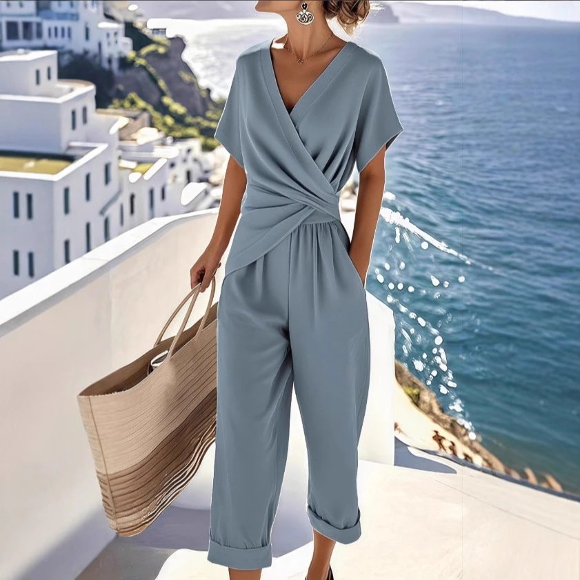 Nox Blue Draped V-Neck Wide-Leg Jumpsuit - 005351