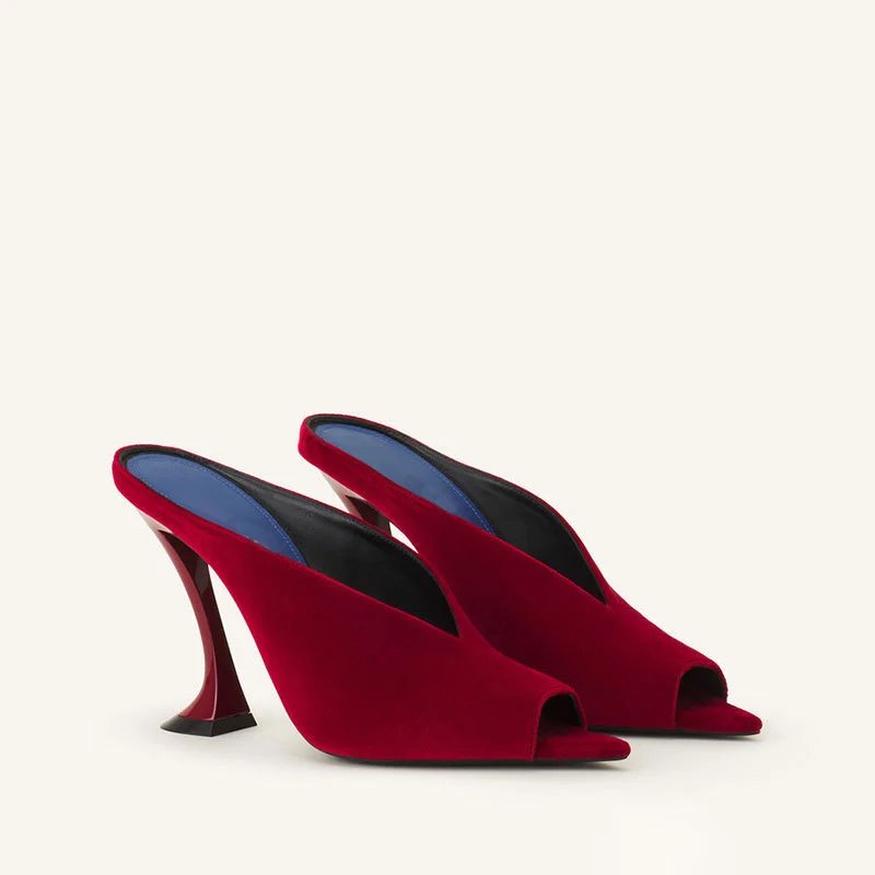 Unbranded High Heels Peep-Toe Mule with Sculptural Flared Heel — Red velvet