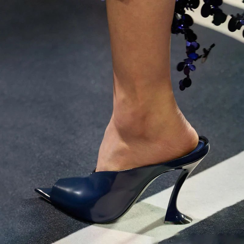 Unbranded High Heels Peep-Toe Mule with Sculptural Flared Heel — Dark blue