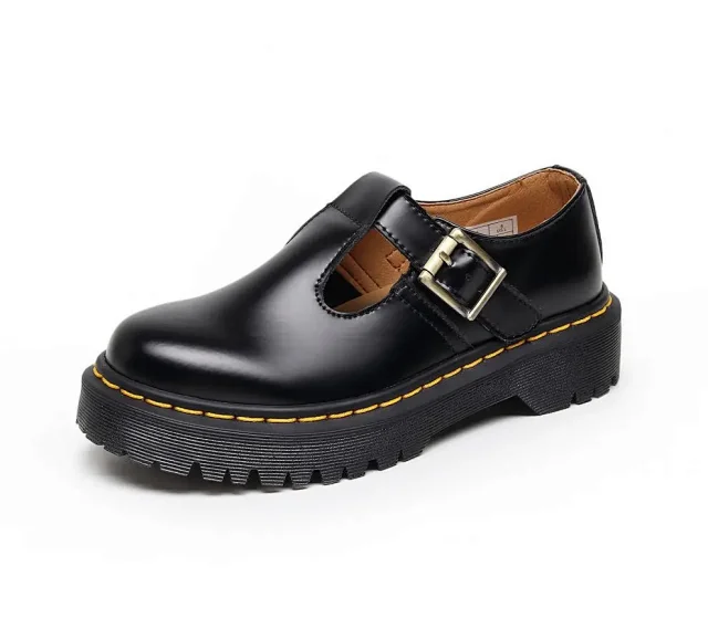 Unbranded Leather Shoes Mary Jane buckle platform with yellow contrast stitching product detail image 2