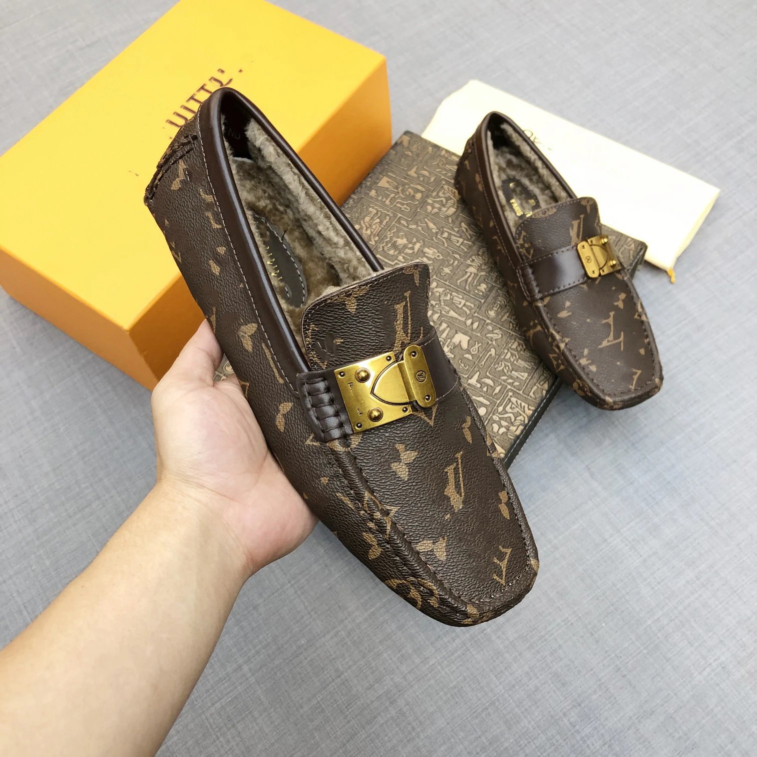 Louis Vuitton Leather Shoes Fur-Lined Monogram Buckle Loafers — 3