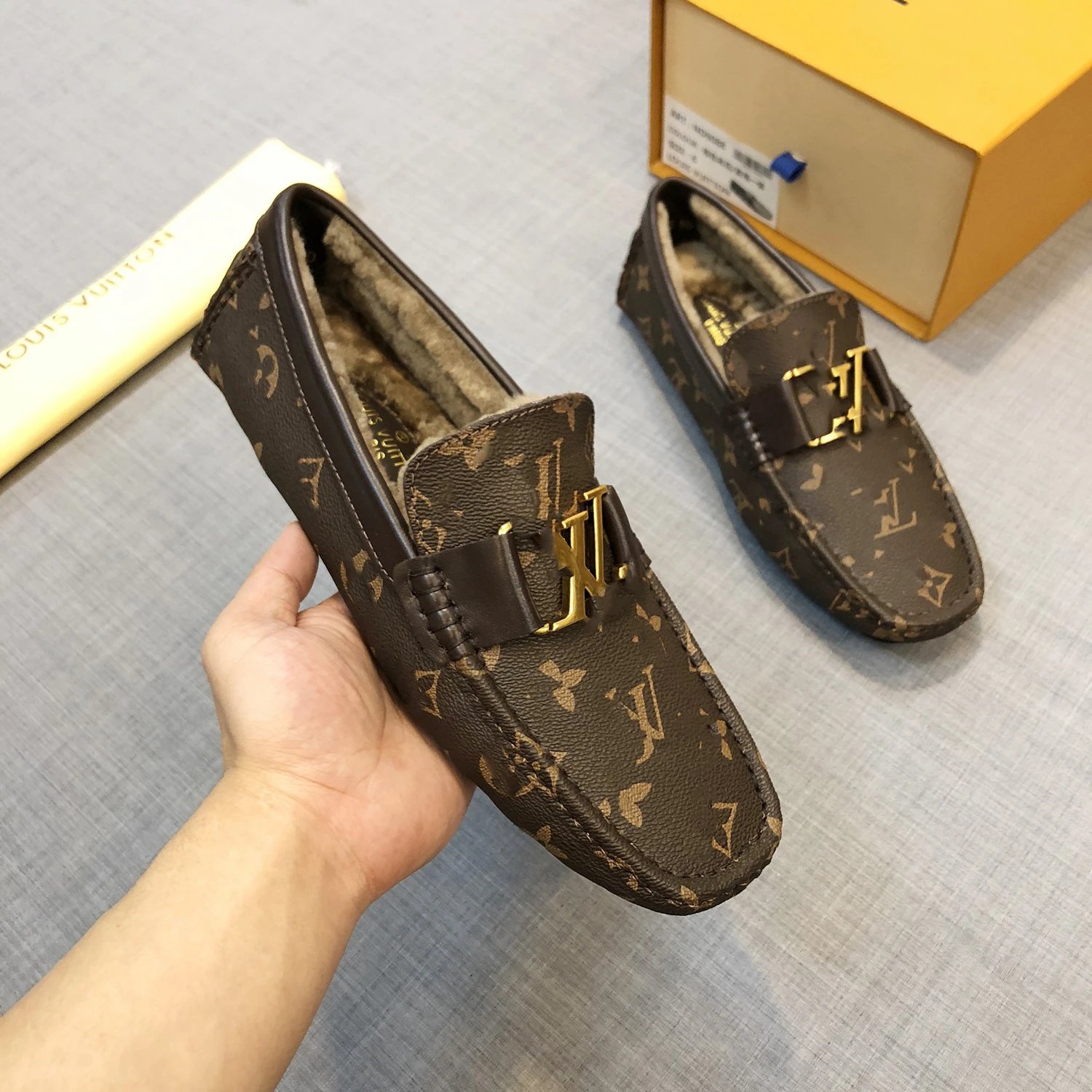 Louis Vuitton Leather Shoes Fur-Lined Monogram Buckle Loafers — 7