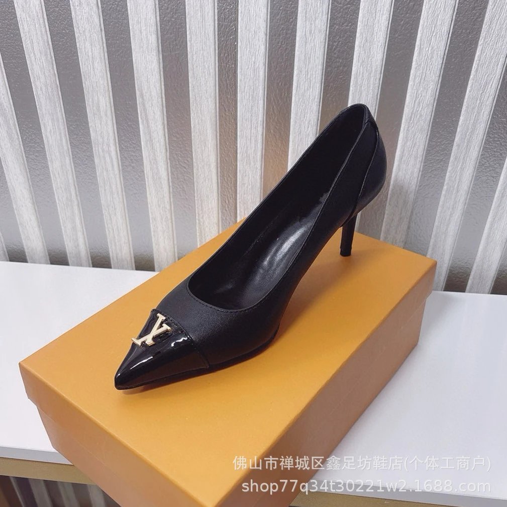 Unbranded High Heels Pointed-Toe Stiletto Pumps with LV-Style Letter Detail — Black