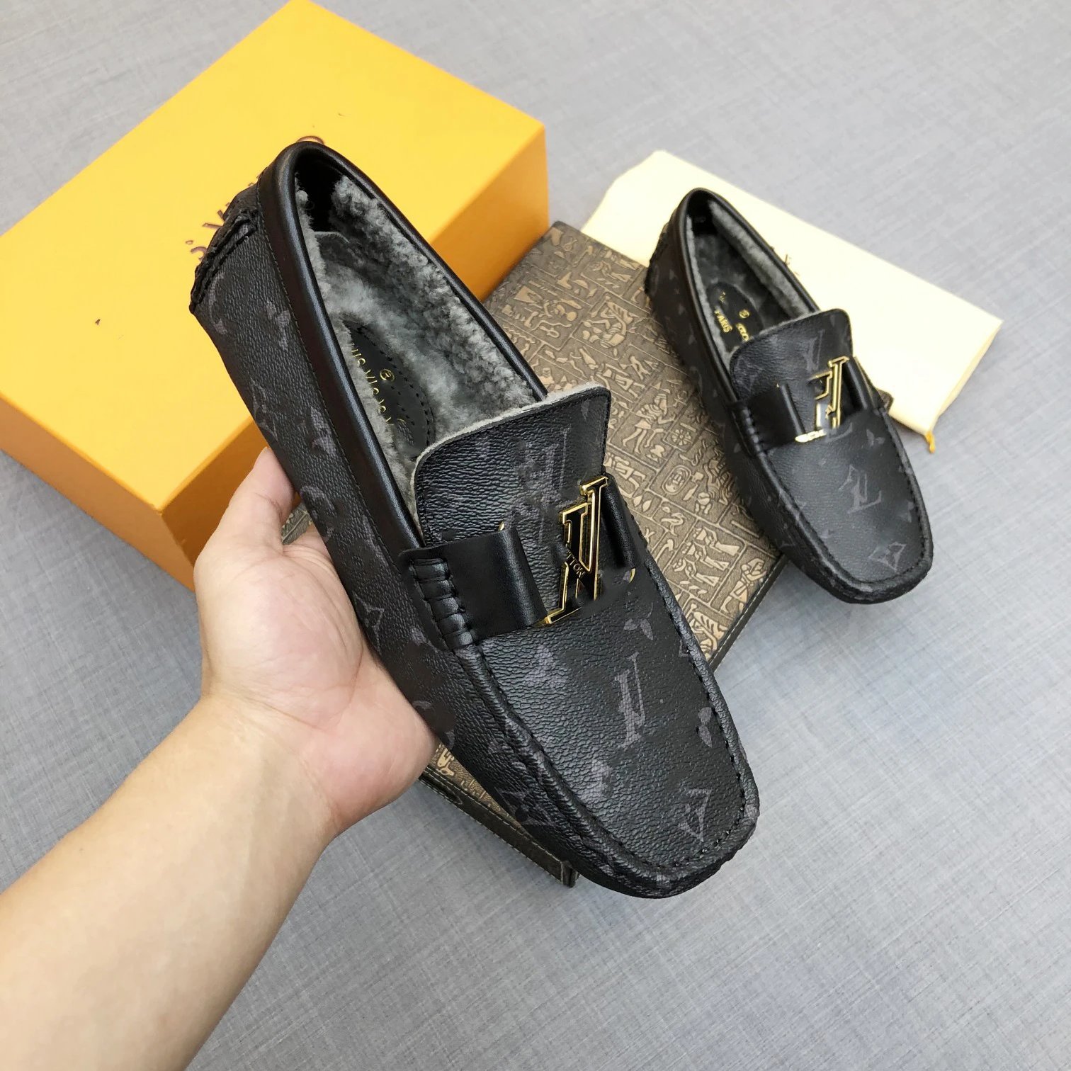 Louis Vuitton Leather Shoes Fur-Lined Monogram Buckle Loafers image 3