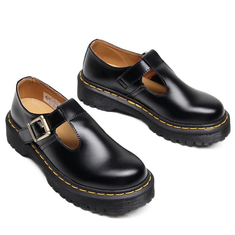Unbranded Leather Shoes Mary Jane buckle platform with yellow contrast stitching image 3