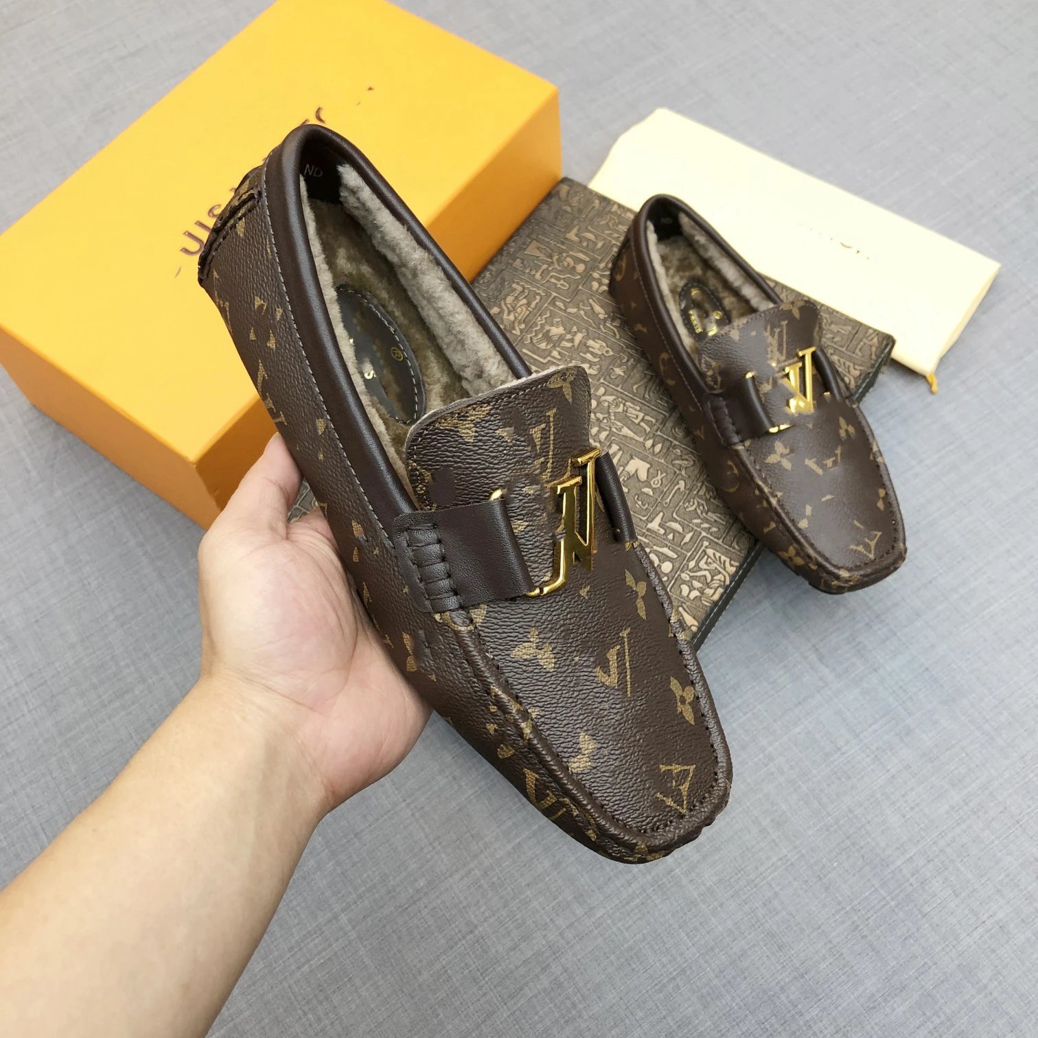 Louis Vuitton Leather Shoes Fur-Lined Monogram Buckle Loafers — 5