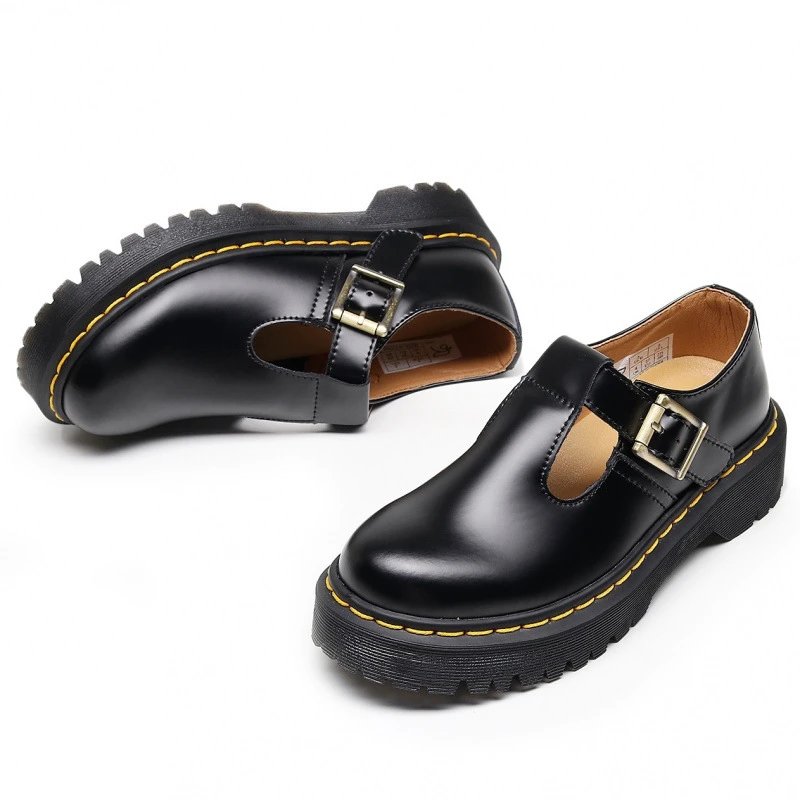 Unbranded Leather Shoes Mary Jane buckle platform with yellow contrast stitching image 1