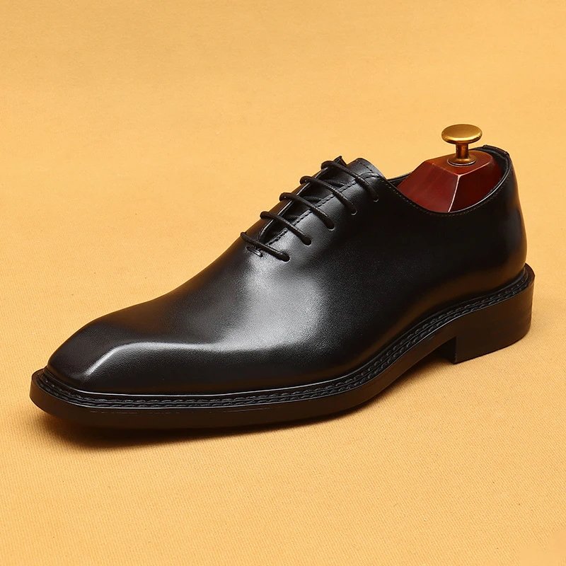 Unbranded Leather Shoes Lace-Up Square-Toe Dress — Black