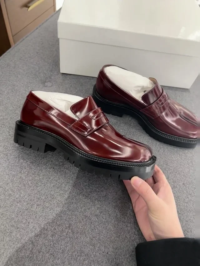 Unbranded Leather Shoes Glossy Split-Toe Penny Loafers product detail image 2
