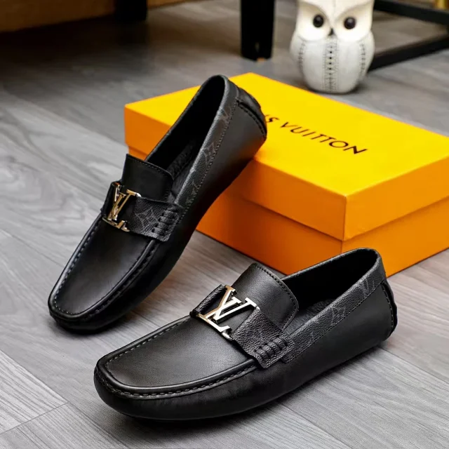 Louis Vuitton Leather Shoes Black LV buckle loafers with Monogram side panels product detail image 6