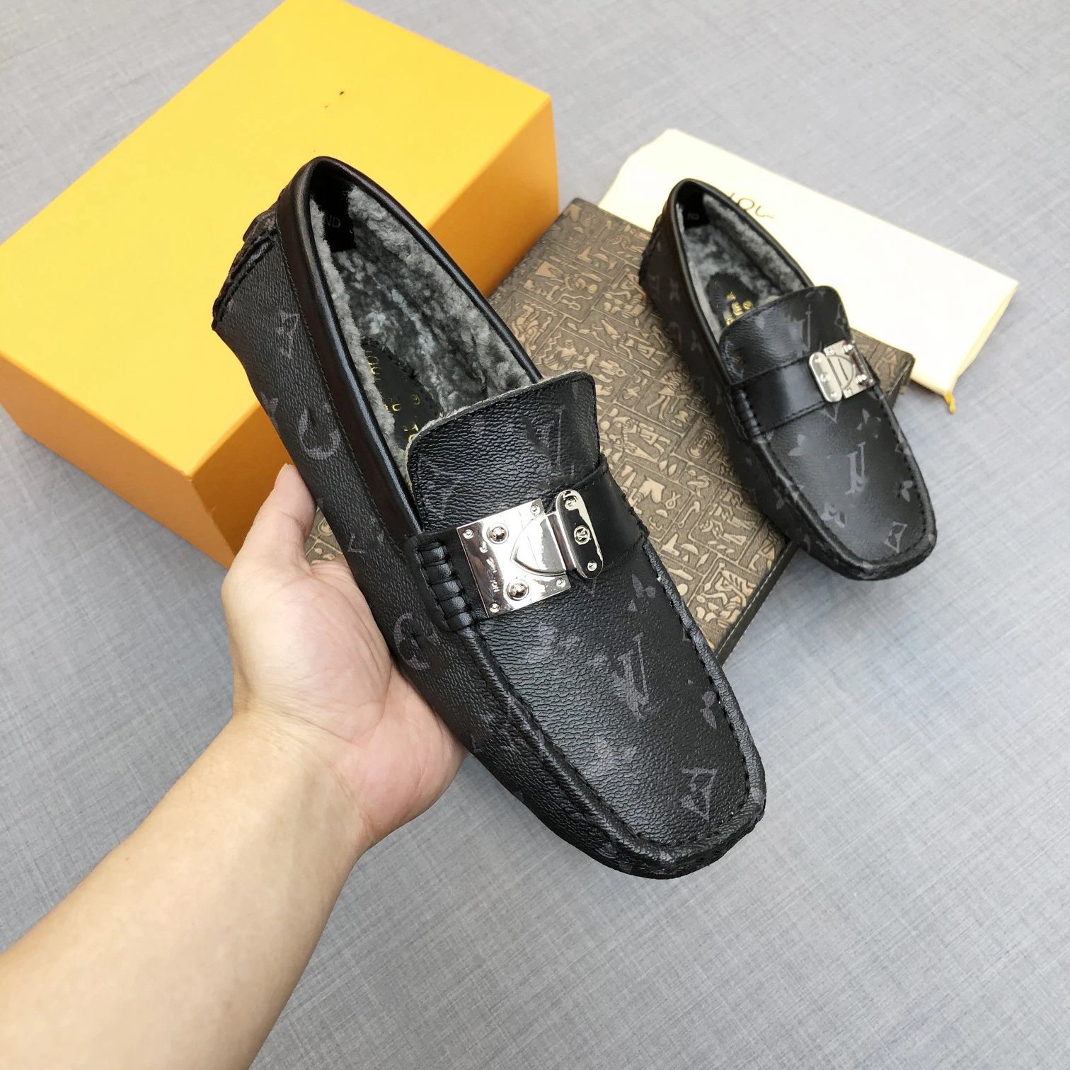 Louis Vuitton Leather Shoes Fur-Lined Monogram Buckle Loafers image 2