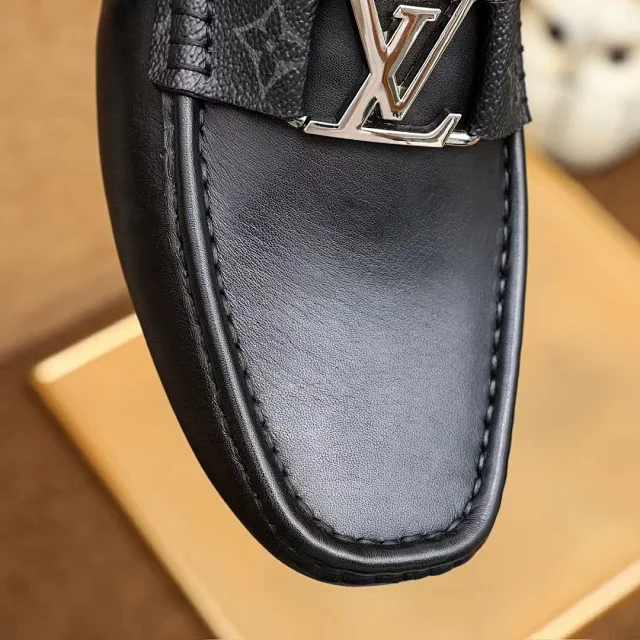 Louis Vuitton Leather Shoes Black LV buckle loafers with Monogram side panels product detail image 4