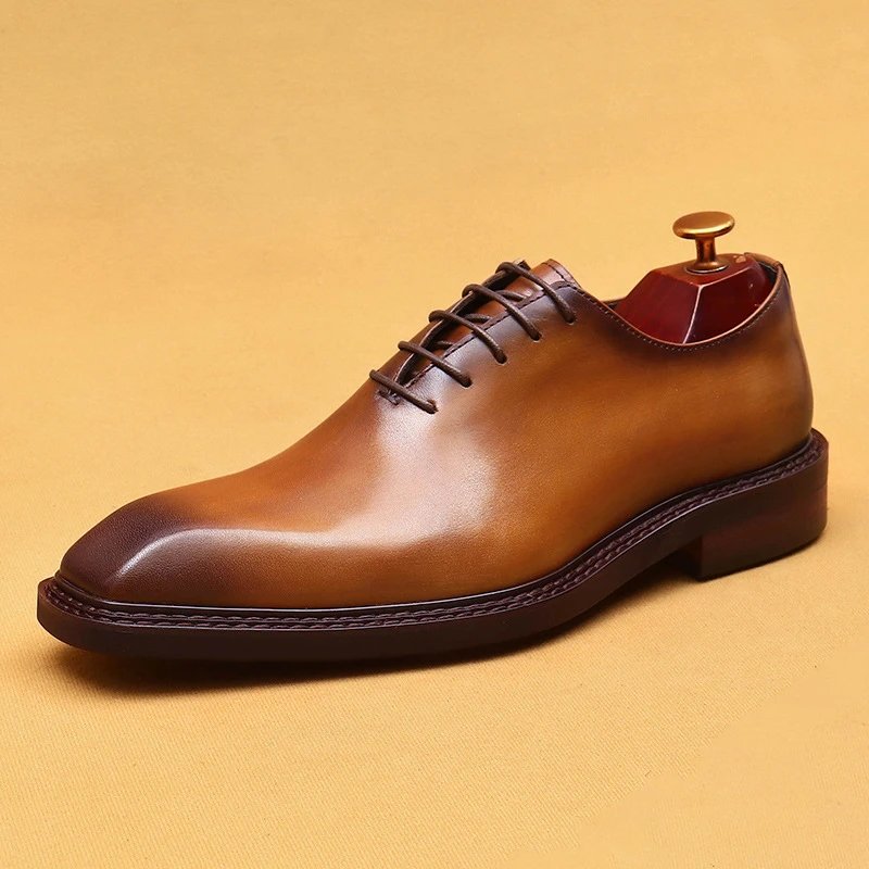 Unbranded Leather Shoes Lace-Up Square-Toe Dress — Brown