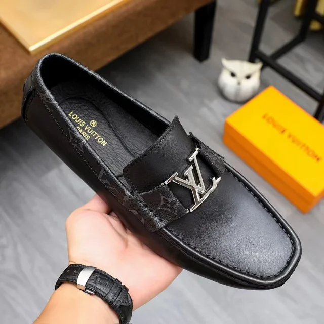 Louis Vuitton Leather Shoes Black LV buckle loafers with Monogram side panels product detail image 7