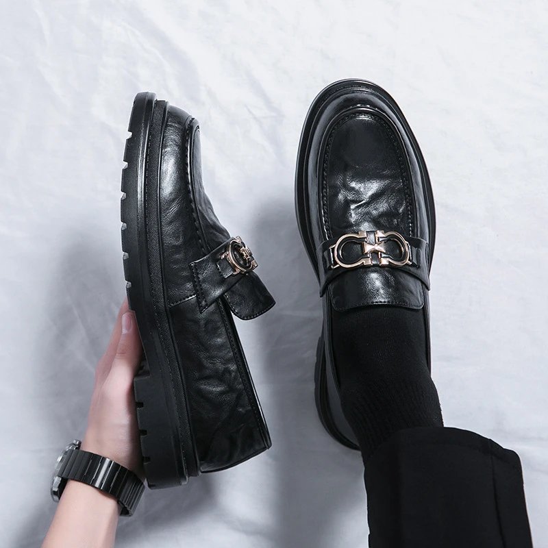 Unbranded Leather Shoes Metal-Bit Loafers — 9760 Black [hand grip pattern】