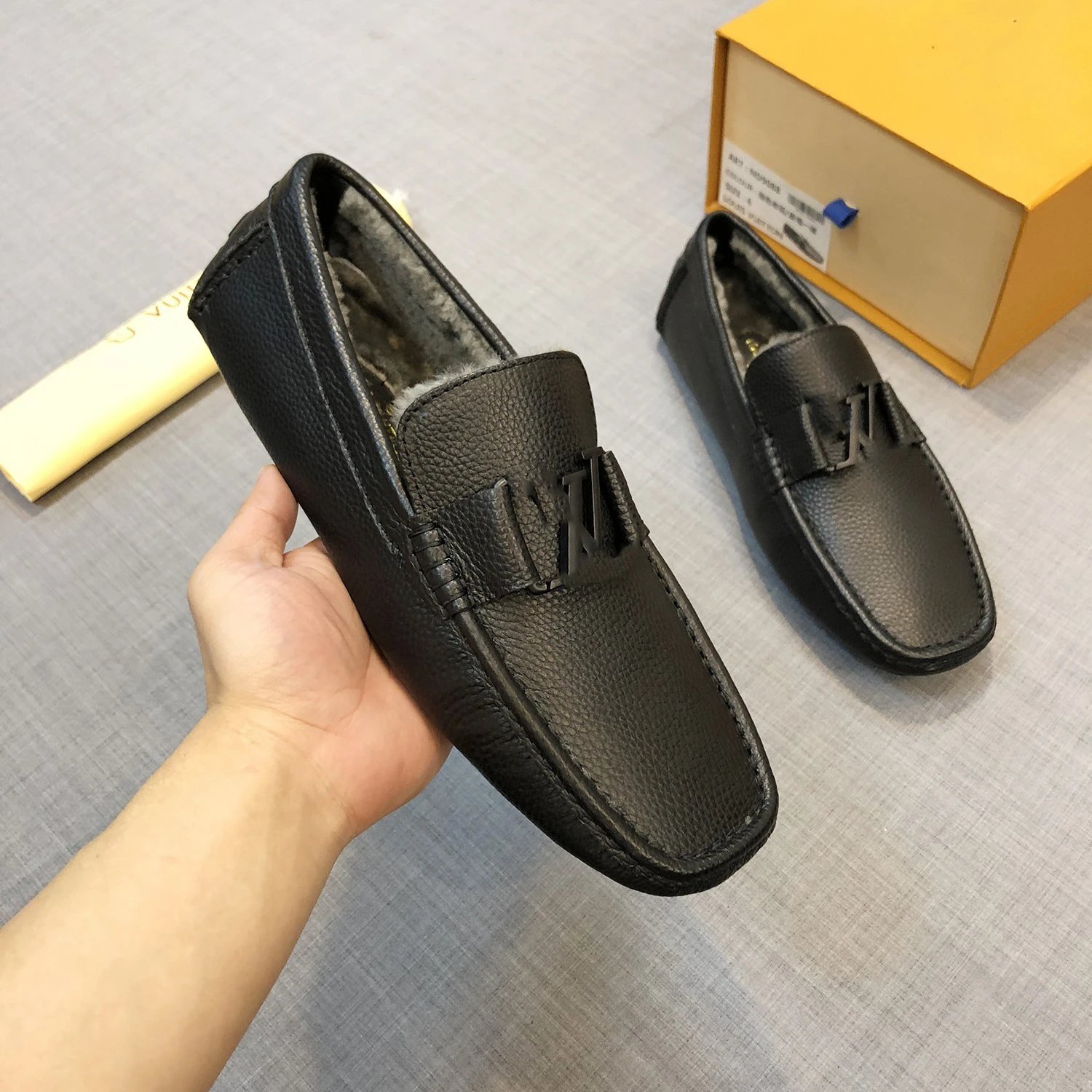 Louis Vuitton Leather Shoes Fur-Lined Monogram Buckle Loafers — 9