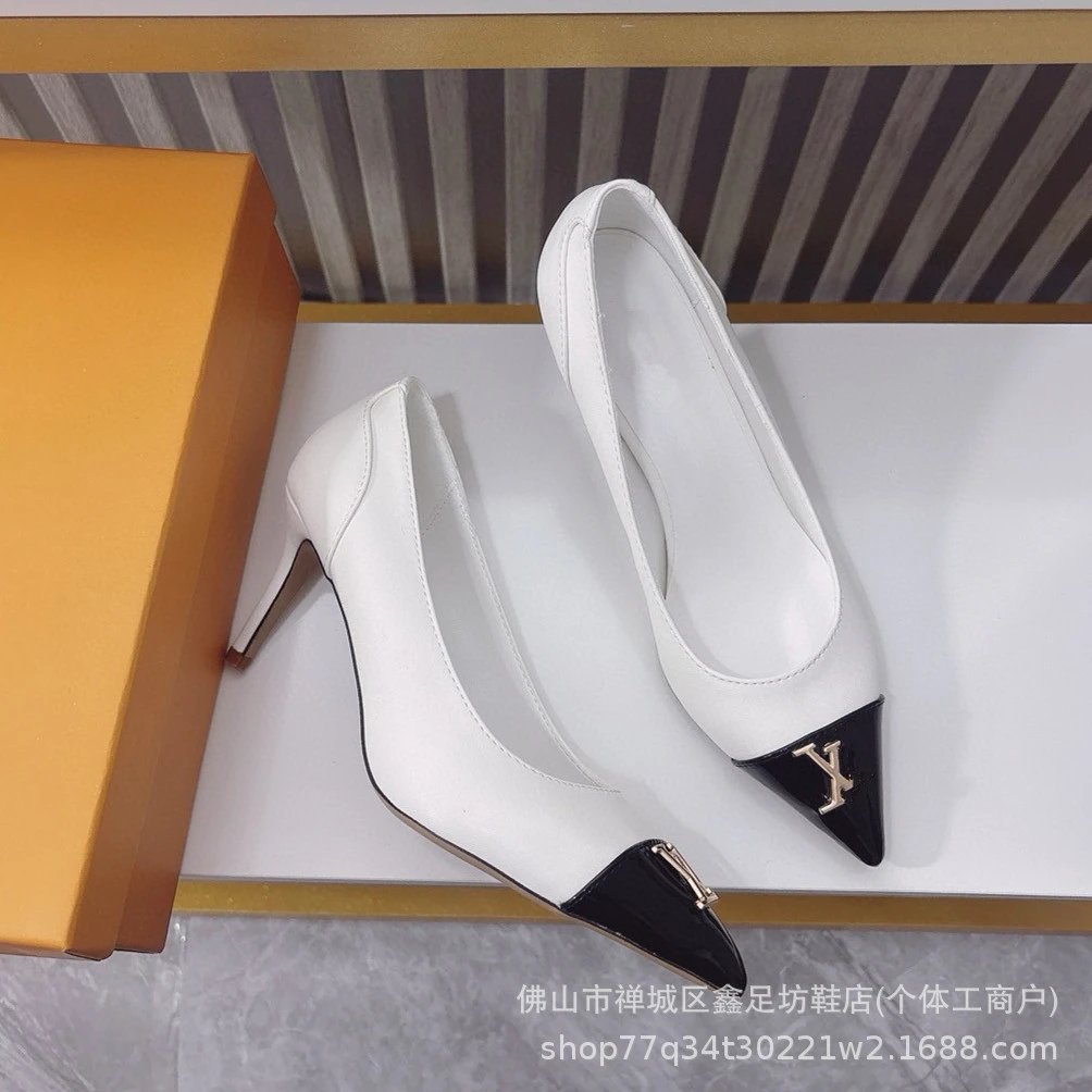 Unbranded High Heels Pointed-Toe Stiletto Pumps with LV-Style Letter Detail — white