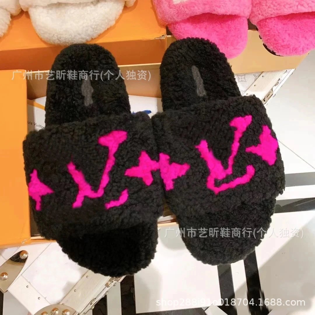 Louis Vuitton Slippers Faux Fur Logo Slide — black pink