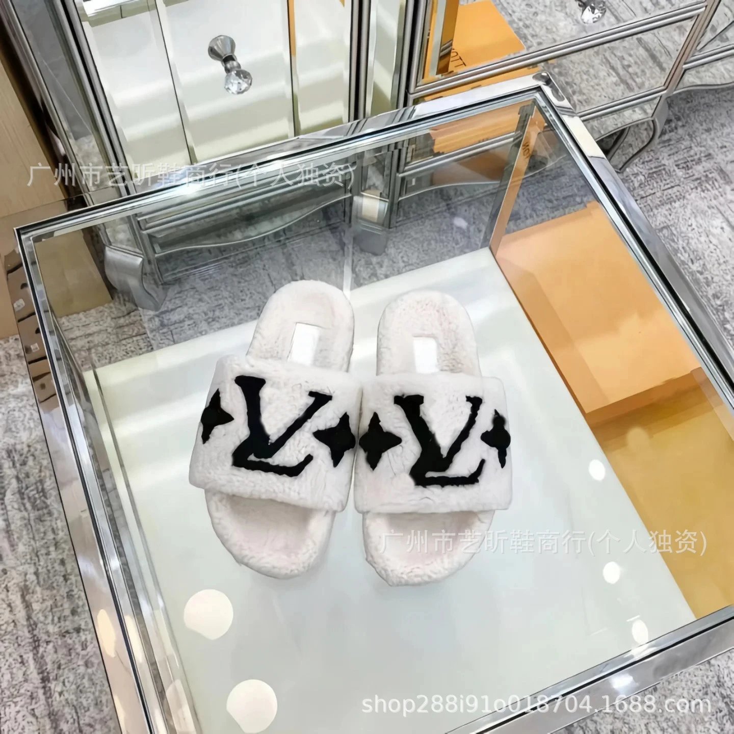 Louis Vuitton Slippers Faux Fur Logo Slide — white