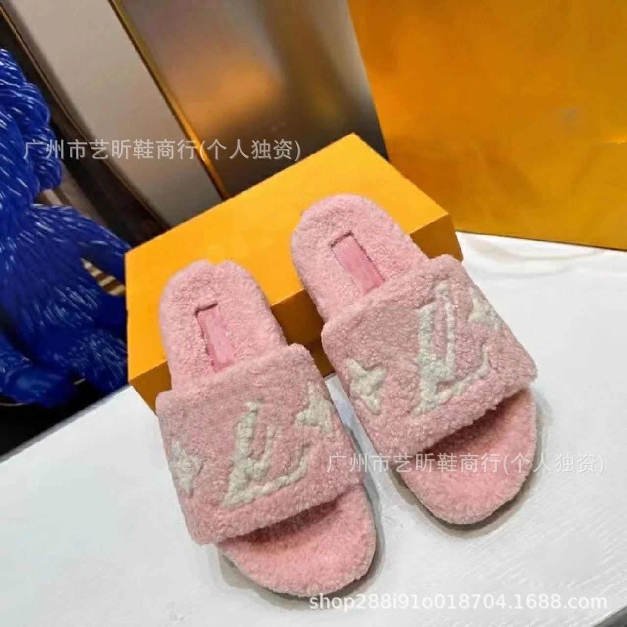 Louis Vuitton Slippers Faux Fur Logo Slide — Pink