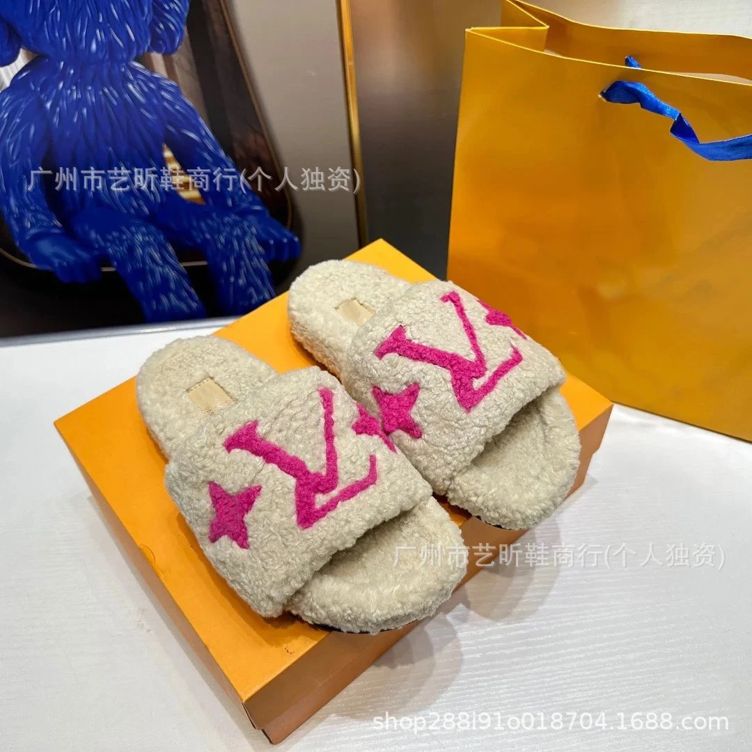 Louis Vuitton Slippers Faux Fur Logo Slide — Rice Red