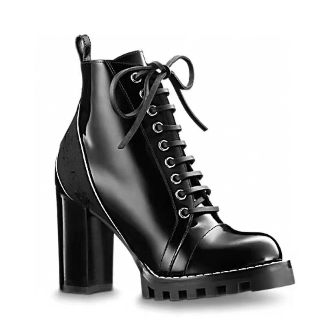 Unbranded Boots Lace-Up Platform Block-Heel Ankle — Rear with black
