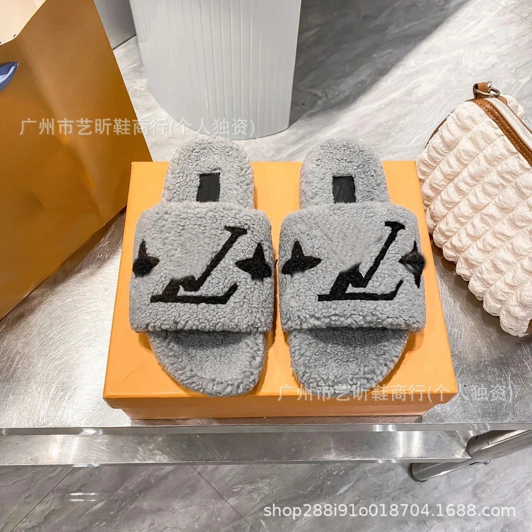 Louis Vuitton Slippers Faux Fur Logo Slide — gray