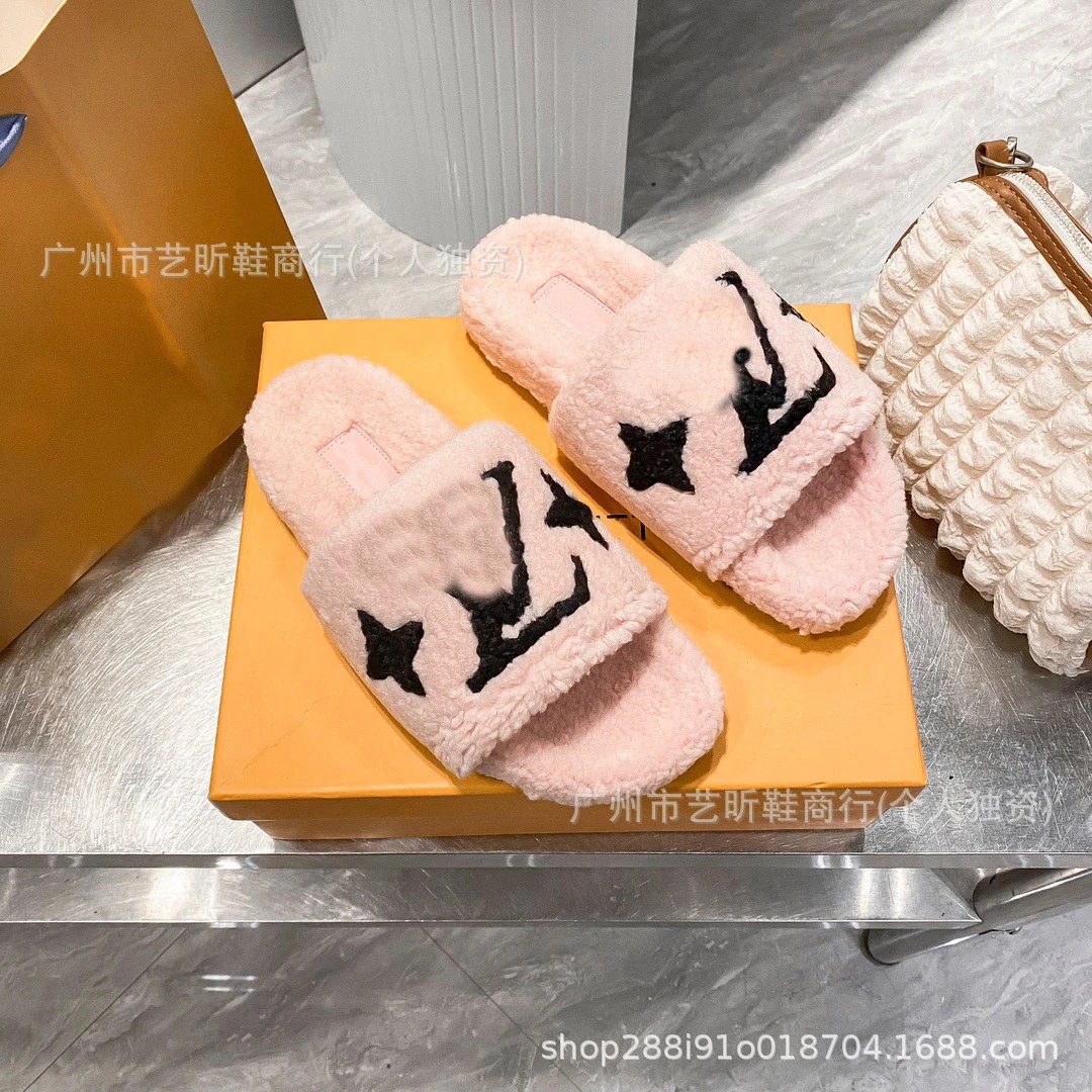 Louis Vuitton Slippers Faux Fur Logo Slide — Pink and black