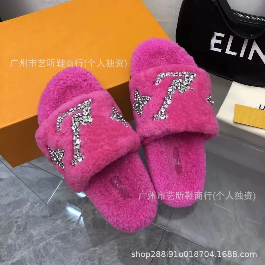Louis Vuitton Slippers Faux Fur Logo Slide — Peach Red Diamond
