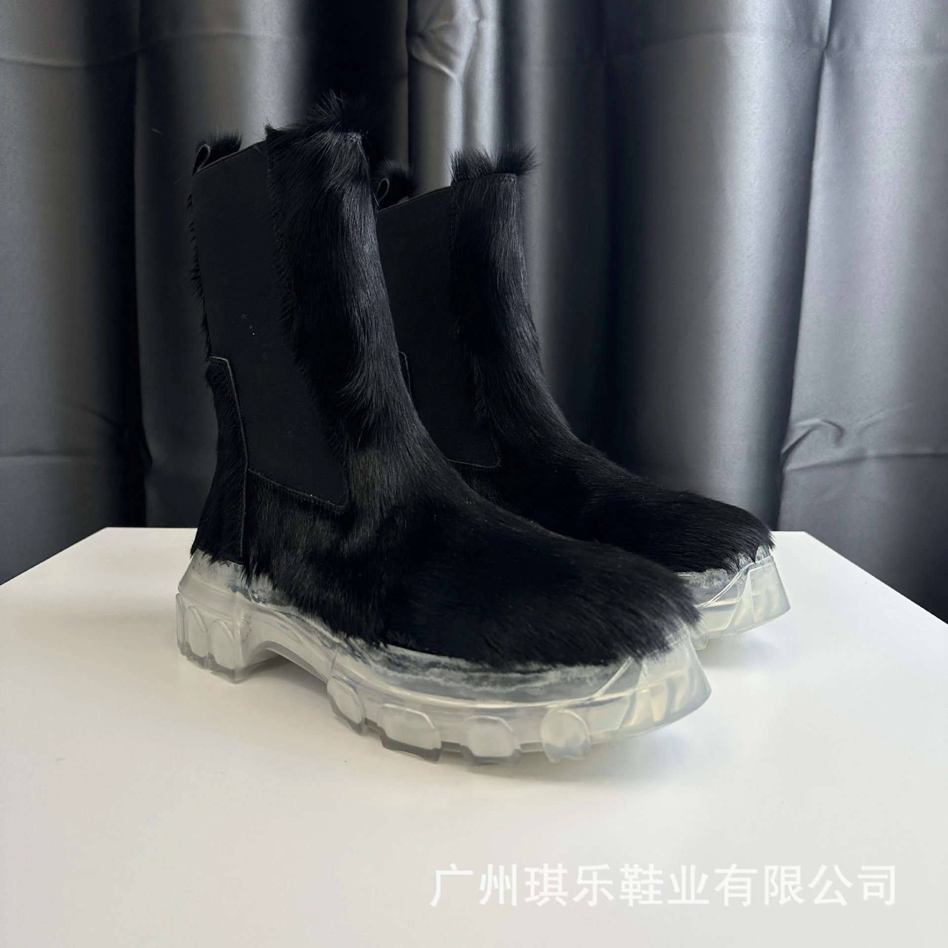 Unbranded Boots Chelsea with Chunky Sculpted Sole — Black Horse Hair Octopus Clear Bottom Elathe Boots