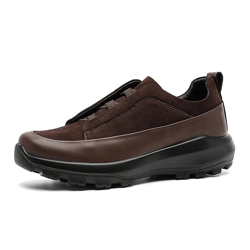 Unbranded Leather Shoes Low-Top Elastic-Lace with Lug Soles — Brown