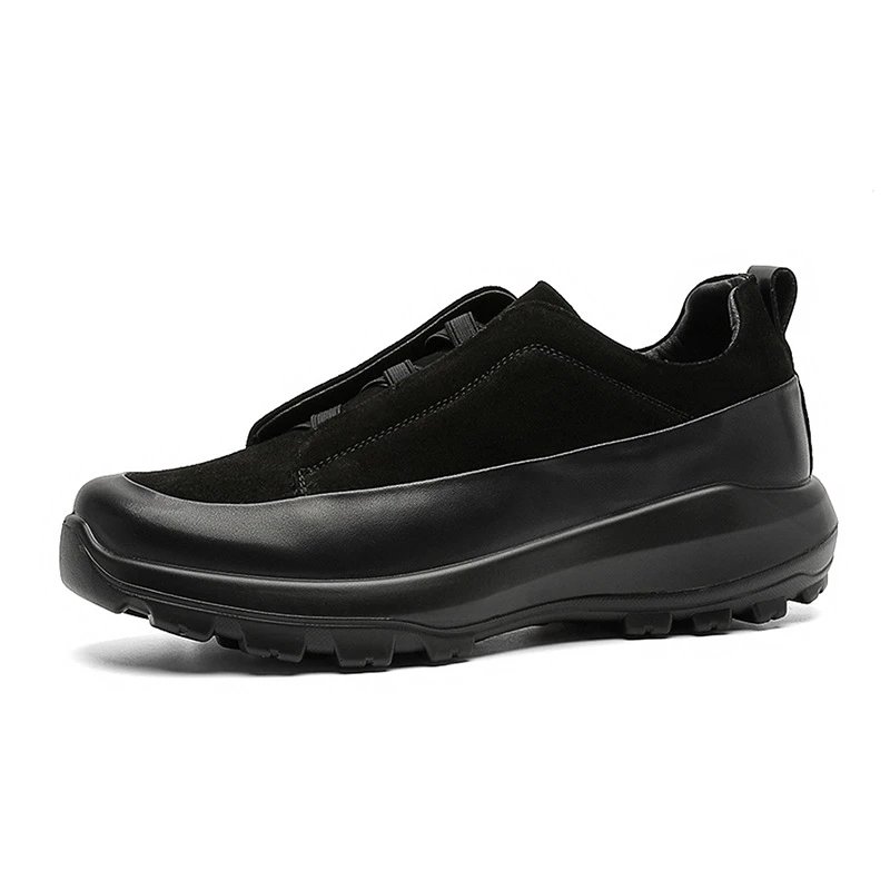 Unbranded Leather Shoes Low-Top Elastic-Lace with Lug Soles — Black