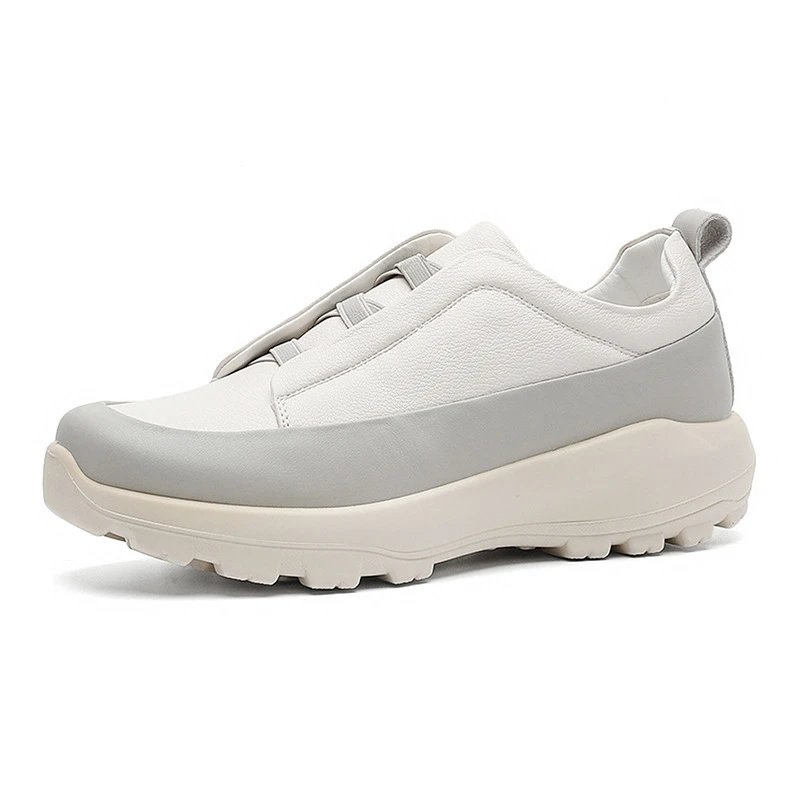 Unbranded Leather Shoes Low-Top Elastic-Lace with Lug Soles — white