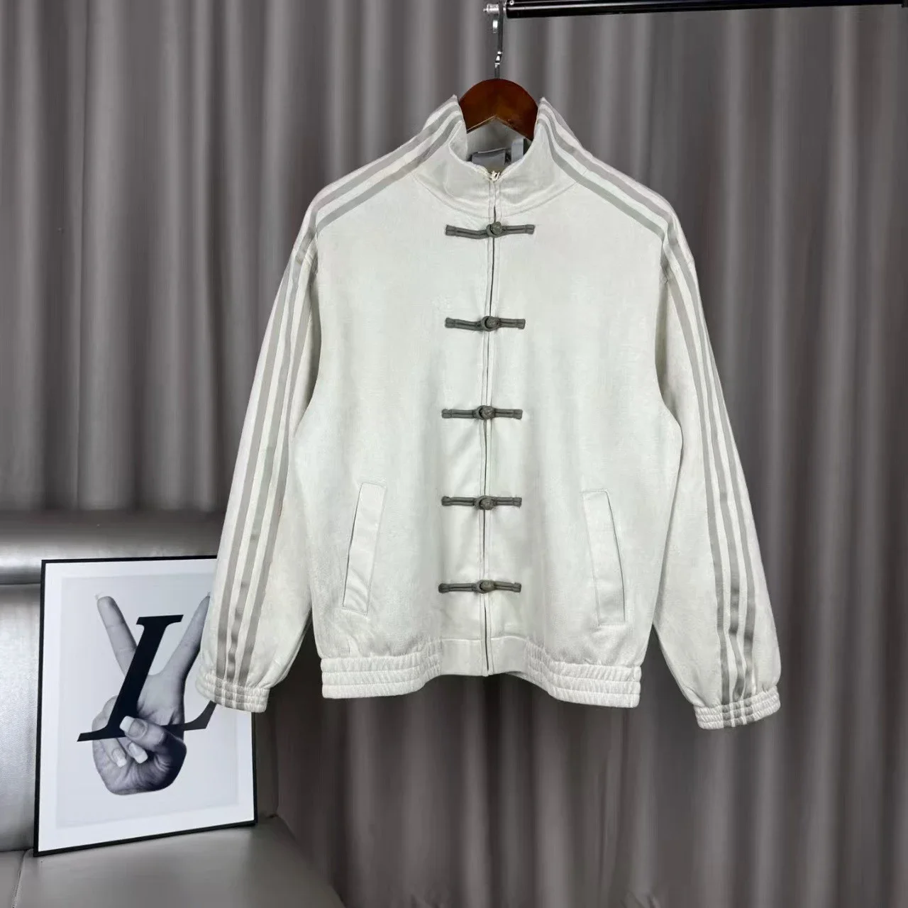 New Chinese-Style Stand-Collar Sports Jacket with Three Stripes and Frog Closures
