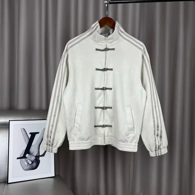 New Chinese-Style Stand-Collar Sports Jacket with Three Stripes and Frog Closures - rep kurtki