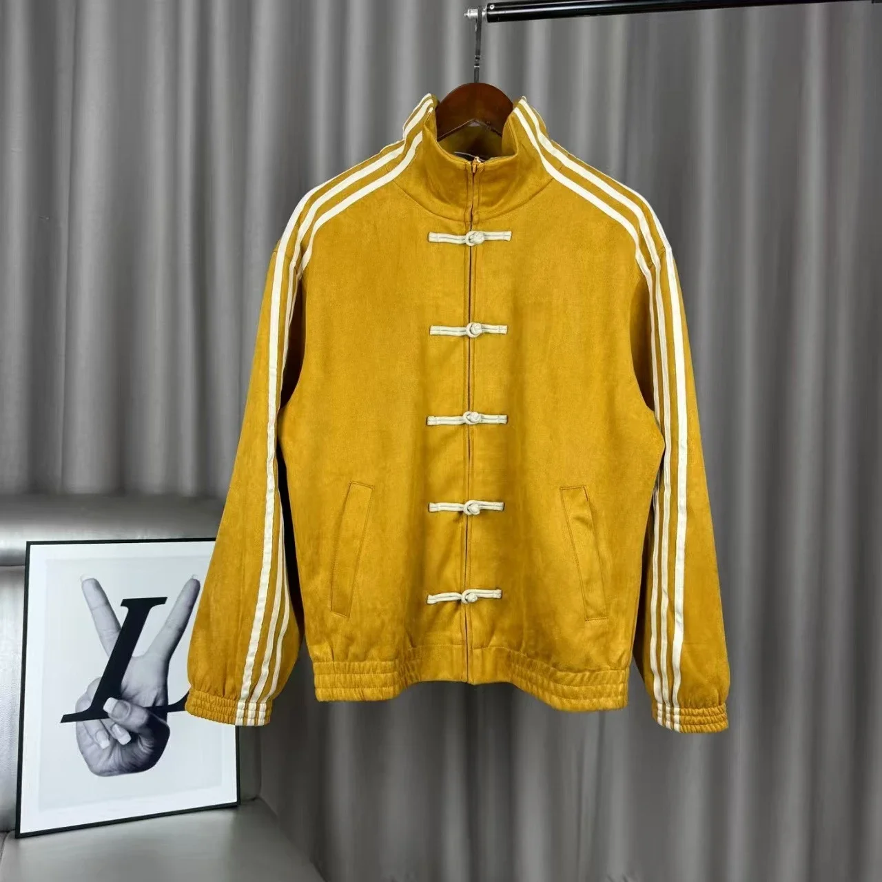 New Chinese-Style Stand-Collar Sports Jacket with Three Stripes and Frog Closures