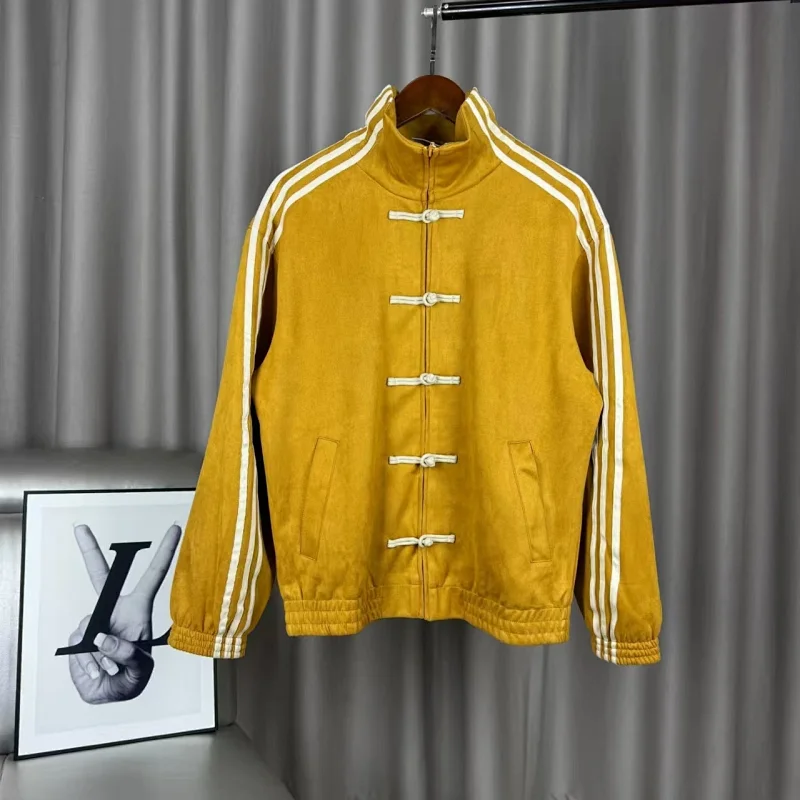 New Chinese-Style Stand-Collar Sports Jacket with Three Stripes and Frog Closures - rep kurtki