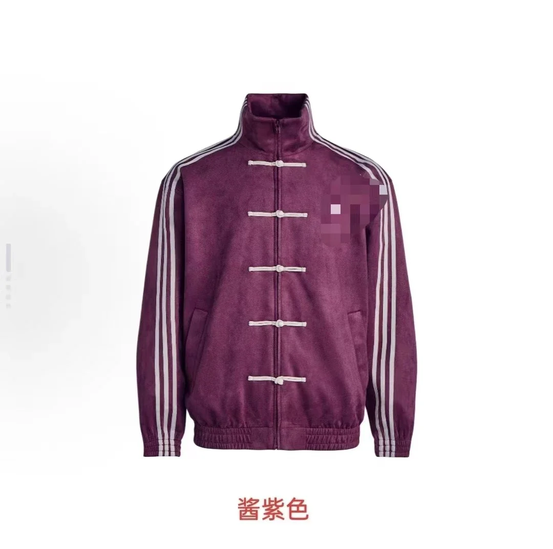 New Chinese-Style Stand-Collar Sports Jacket with Three Stripes and Frog Closures