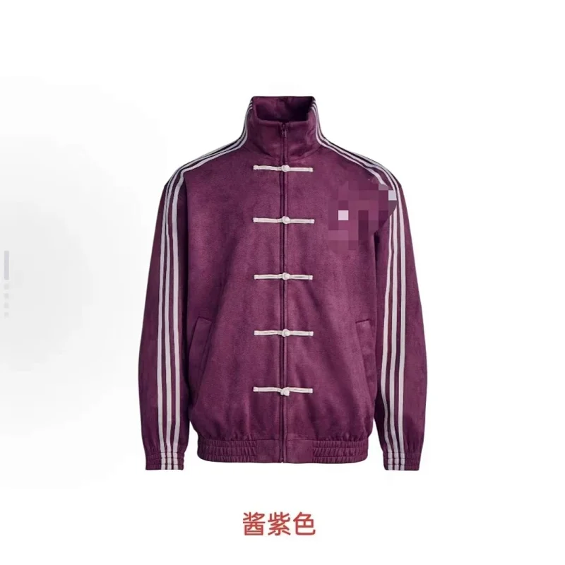 New Chinese-Style Stand-Collar Sports Jacket with Three Stripes and Frog Closures - rep kurtki