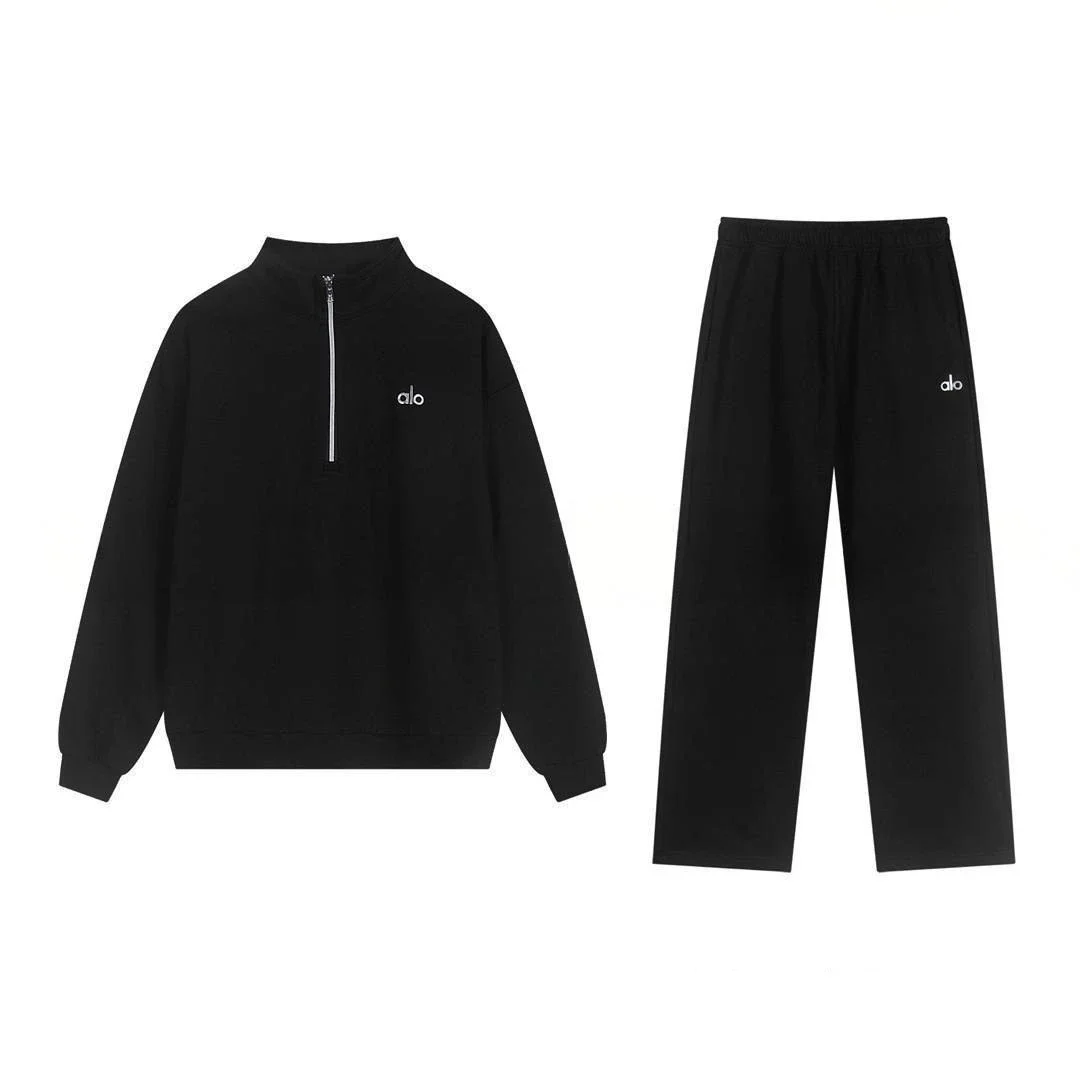 Alo Yoga Black Half-Zip Stand-Collar & Wide-Leg Sweatpant Set - rep zestawy