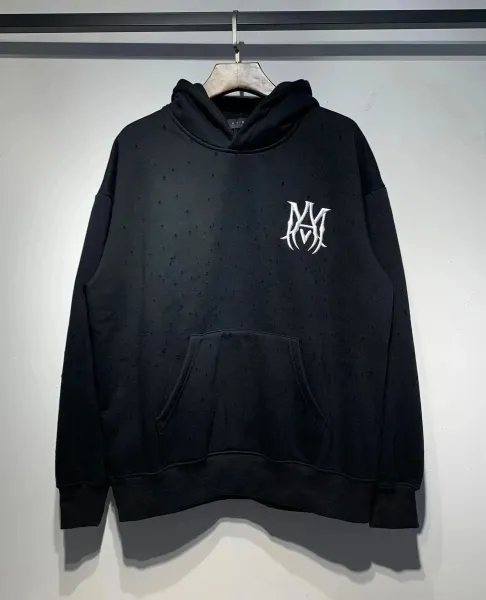 AMIRI Distressed Black Hoodie with Embroidered Logo - 1