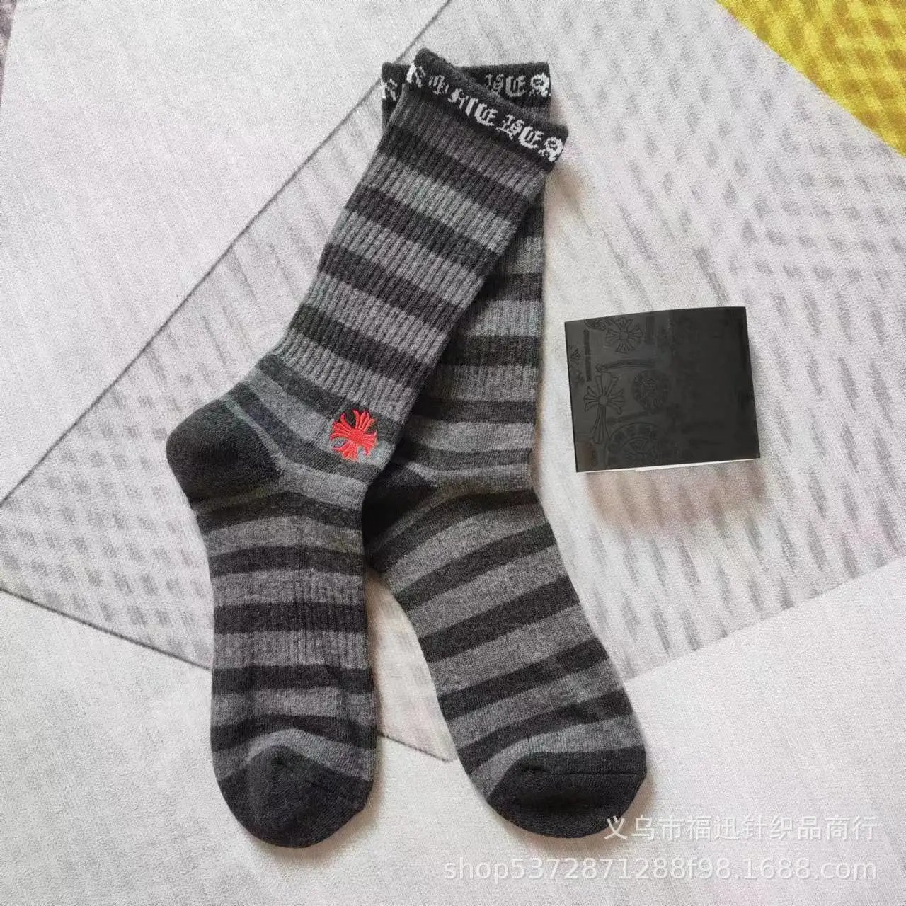 Chrome Hearts Socks Ribbed crew with logo lettering and contrast toe heel — Grey striped embroidery logo