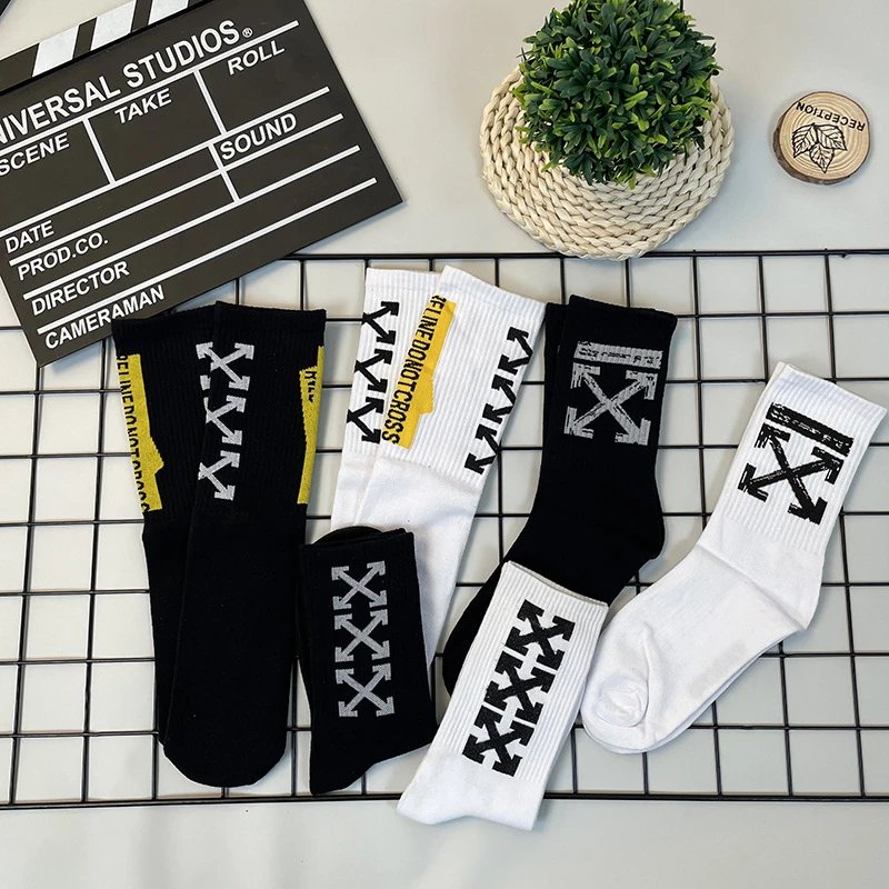 FELINE DOTCROSS Unisex Crew Socks, Graphic Arrows & Yellow Caution Stripe, Cotton Blend 1