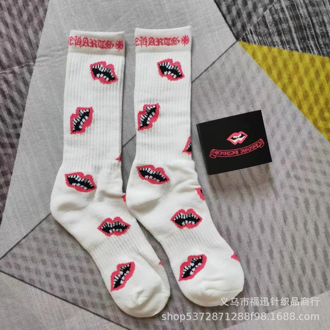 Chrome Hearts Socks Ribbed crew with logo lettering and contrast toe heel — White powder red lip powder letters
